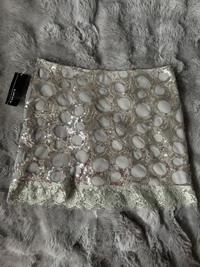 Silver Sequin Lace Hem Mini Skirt